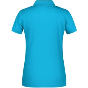 A turquoise ladies' polo shirt made from bio workwear material, featuring a collar and a logo.