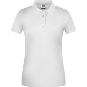 A white ladies' polo shirt with a collar and four buttons. It features a logo on the chest area.