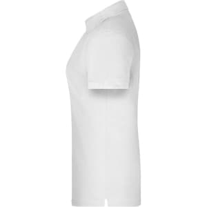 A white polo shirt displayed from the side, featuring a collar and short sleeves. The shirt has a logo on it.