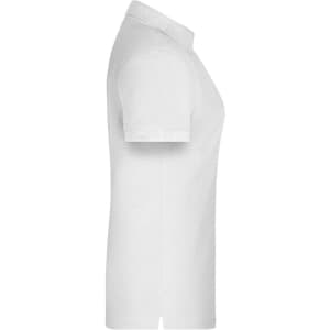 A white polo shirt with a classic collar and short sleeves, featuring a logo. Suitable for workwear.