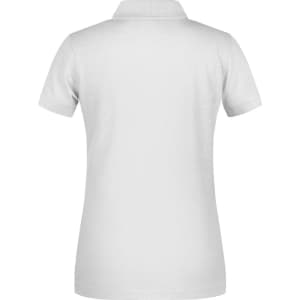 A white women's polo shirt featuring a classic design and a collar, with a logo on the back.