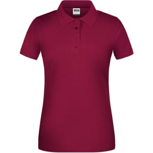 A maroon ladies' polo shirt with a collar and buttons, featuring a logo on the side.