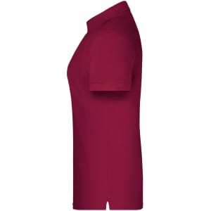 A maroon polo shirt featuring a collar and short sleeves, with a logo on the chest area.