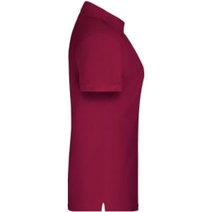A maroon polo shirt with a short sleeve and collar, featuring a logo on the chest.