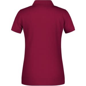 A maroon ladies polo shirt featuring a collar and short sleeves, with a logo on the back.