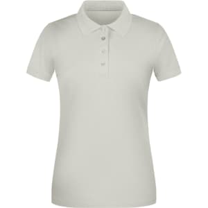 A light grey ladies' polo shirt with a classic collar and short sleeves, featuring buttons and a logo.