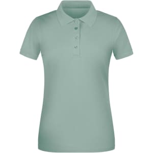 A light green women's polo shirt with a collar and five buttons, featuring a logo.