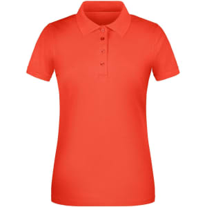 A ladies' work polo shirt in vibrant orange, featuring a collar and button placket. It has a logo on the chest.