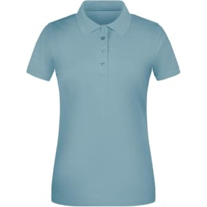 A light blue ladies’ polo shirt with a collared neck and buttons, featuring a logo.