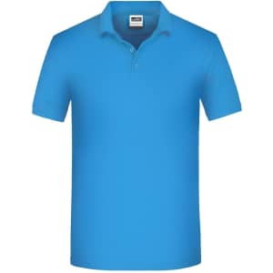 A blue work polo shirt featuring a collar and short sleeves, with a logo on the upper left side.