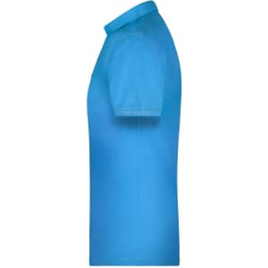 A blue men's polo shirt with a classic collar and short sleeves, featuring a logo.