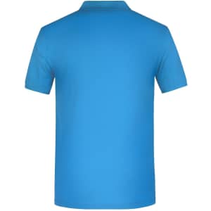 A blue short-sleeve polo shirt with a collar, featuring a logo on the back. Suitable for workwear.