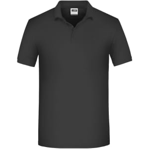 A black polo shirt with a collar and short sleeves, featuring a logo on the chest.