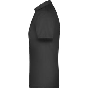 A black polo shirt with short sleeves, featuring a collar and a logo. Ideal for workwear.