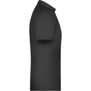 A black men's polo shirt with a side view, featuring a collar and short sleeves. It has a logo on the chest.