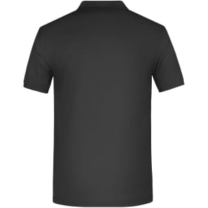 A black men's polo shirt featuring a collar and short sleeves, with a logo present on the back.