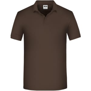 A brown men's polo shirt with a collar and short sleeves, featuring a logo on the chest area.