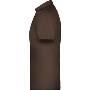 A brown men's polo shirt with a collar and short sleeves, featuring a logo on the side.