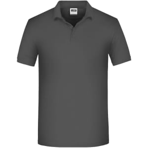 A men's work polo shirt in dark grey with a collar and short sleeves, featuring a logo.