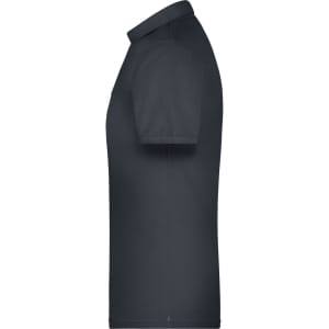 A dark grey men's polo shirt with short sleeves and a collar, featuring a logo on the side.