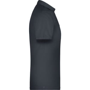 A dark grey men's polo shirt, featuring short sleeves and a classic collar. The shirt has a logo on it.