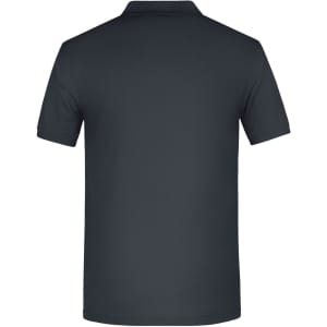 A dark grey men's polo shirt with short sleeves and a collar, featuring a logo on the back.