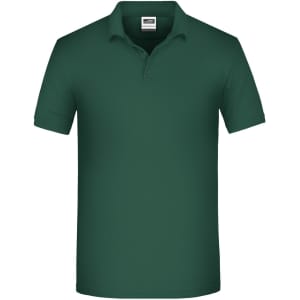 A dark green men's polo shirt with a collar and button placket, featuring a logo on the chest.