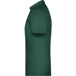A green men's polo shirt with short sleeves and a collar, featuring a logo on the side.