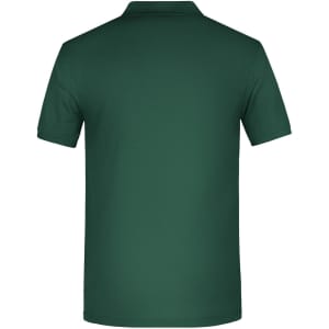 A dark green men's polo shirt with a classic collar, featuring a logo on the back.