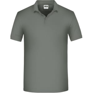 A grey polo shirt with a classic collar and short sleeves, featuring a logo on the chest area.