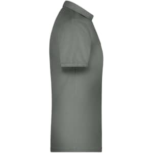 A grey polo shirt featuring a collar and short sleeves, with a logo on the front.