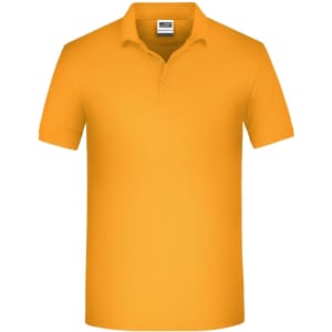 An orange men's polo shirt with a collar and short sleeves, featuring a logo on the chest.