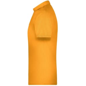 An orange work polo shirt displayed from the side, featuring a collar and short sleeves. It has a logo on the chest.