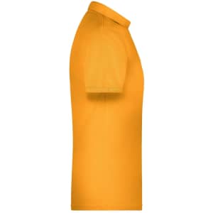 A side view of a vibrant yellow men's work polo shirt, featuring a collar and short sleeves, with a logo.
