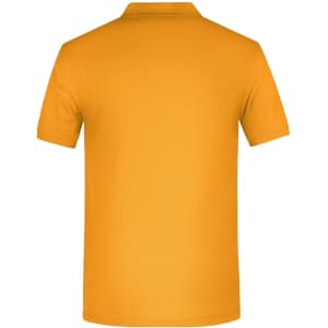 A plain orange work polo shirt, featuring a simple design and a collar. It has branding on the fabric.