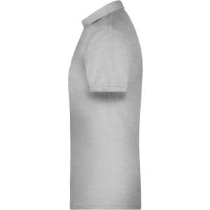 A grey men's polo shirt with short sleeves, featuring a collar and a logo on the chest.