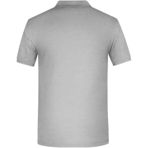 A grey work polo shirt with a classic collar and short sleeves, featuring a logo on the back.