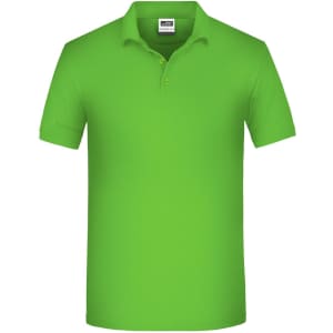 A bright green men's polo shirt featuring a collar and short sleeves, with a logo on the chest.