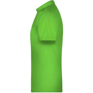 A green polo shirt with short sleeves and a collar, featuring a logo.