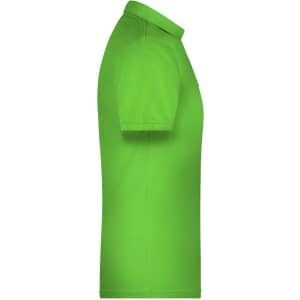 A bright green men's polo shirt with a collar, displayed from the side, featuring a logo.