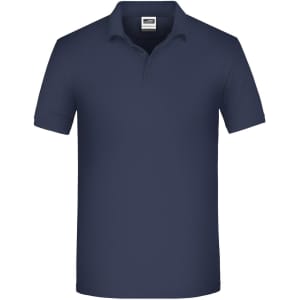 Navy blue men's polo shirt with a classic collar and short sleeves, featuring a logo on the chest.