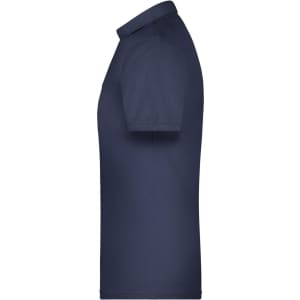 A navy blue men's polo shirt with short sleeves and a collar, featuring a logo.