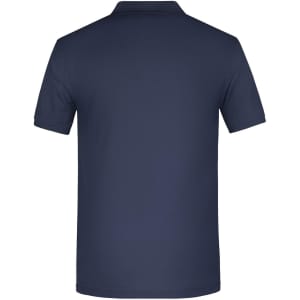 A navy blue men's polo shirt with a simple design and a brand logo on the back.