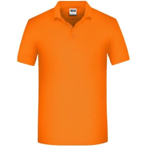 An orange work polo shirt with a collar and short sleeves, featuring a logo on the chest area.