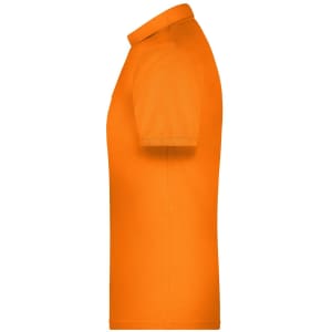 An orange polo shirt with a classic collar and short sleeves, featuring a logo.