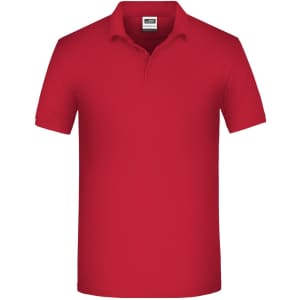 A red men's polo shirt designed for workwear, featuring a collar and short sleeves. It has a logo on the chest.