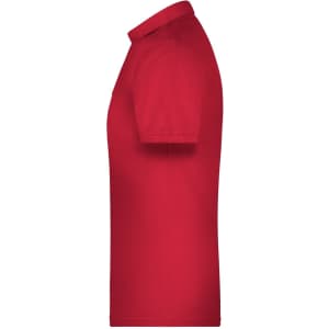 A red men's polo shirt in profile view, featuring short sleeves and a collar, with a logo on the chest.