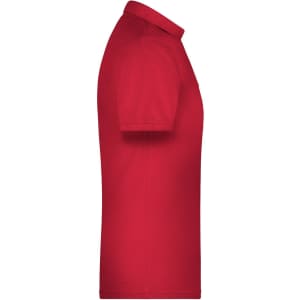 A red work polo shirt with short sleeves, featuring a collar and a logo on the chest.