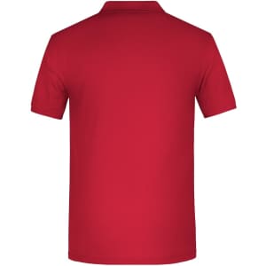 A red polo shirt with a collar and short sleeves, featuring a logo on the back.