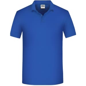 A blue work polo shirt with a collar and short sleeves, featuring a logo on the chest area.